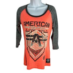 American Fighter Womens Graphic Raglan 3/4 Sleeve Shirt S Coral & Gray Casual